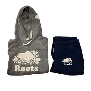Roots Salt & Pepper Hoodie + Navy Joggers Sweats BUNDLE Grey, Blue, Logo, Sz M